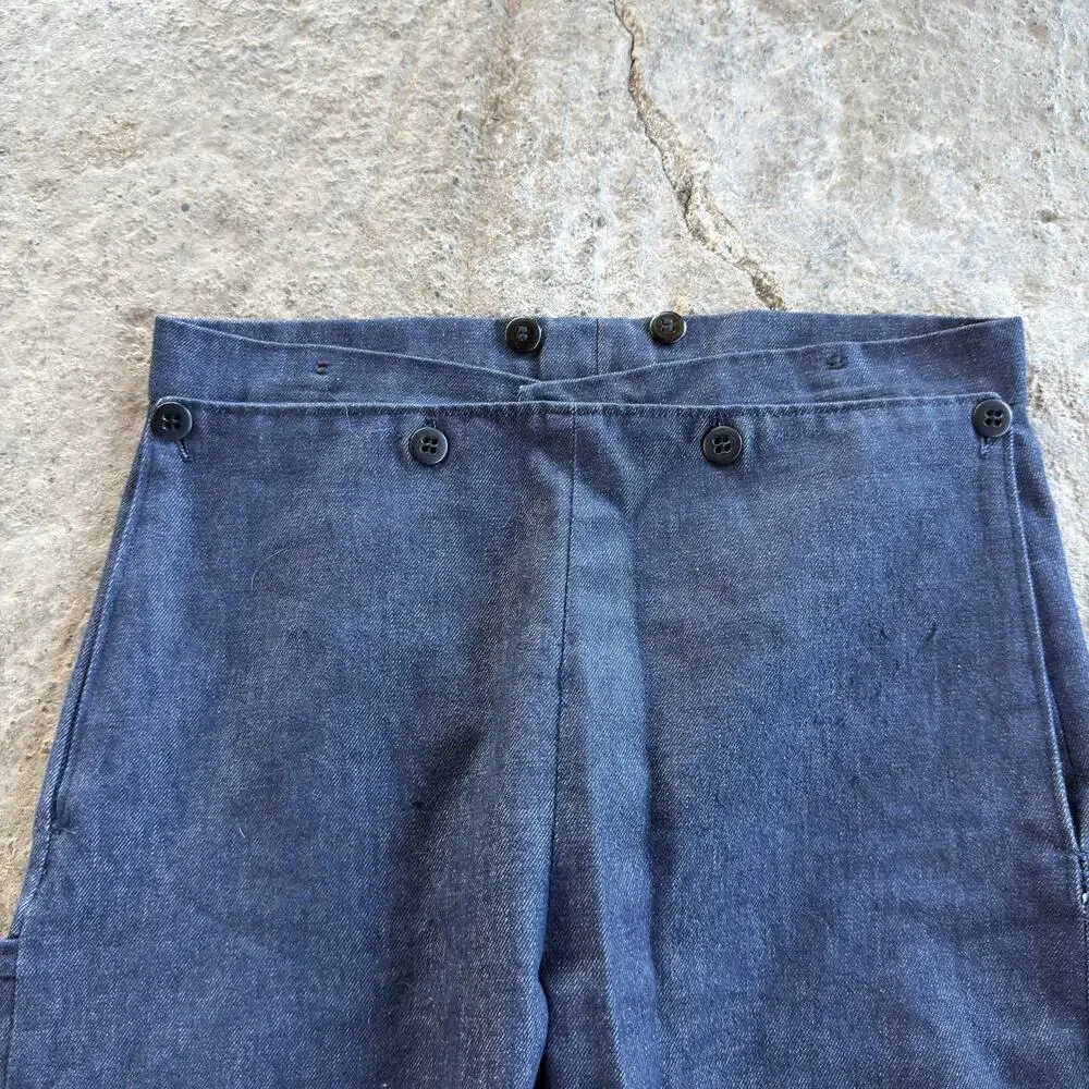 Vintage WW2 US Navy Twill Sailor Pants Bib Fly 30x30 Military Blue Worn Flared
